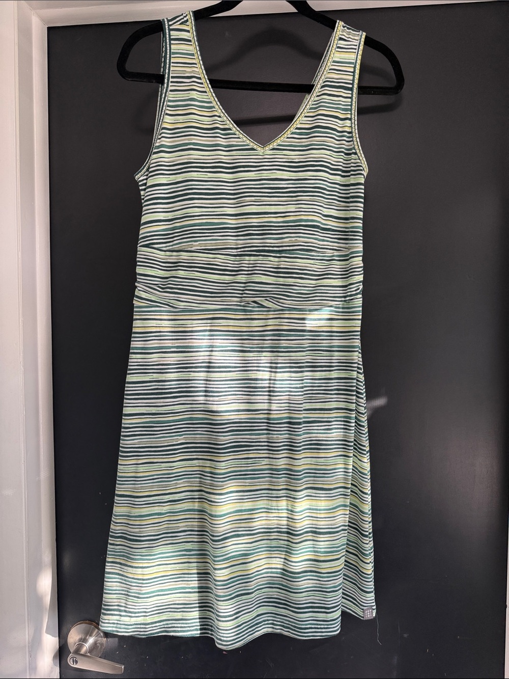 Title Nine Sleeveless Striped V-Neck Midi Dress in Green and Blue
